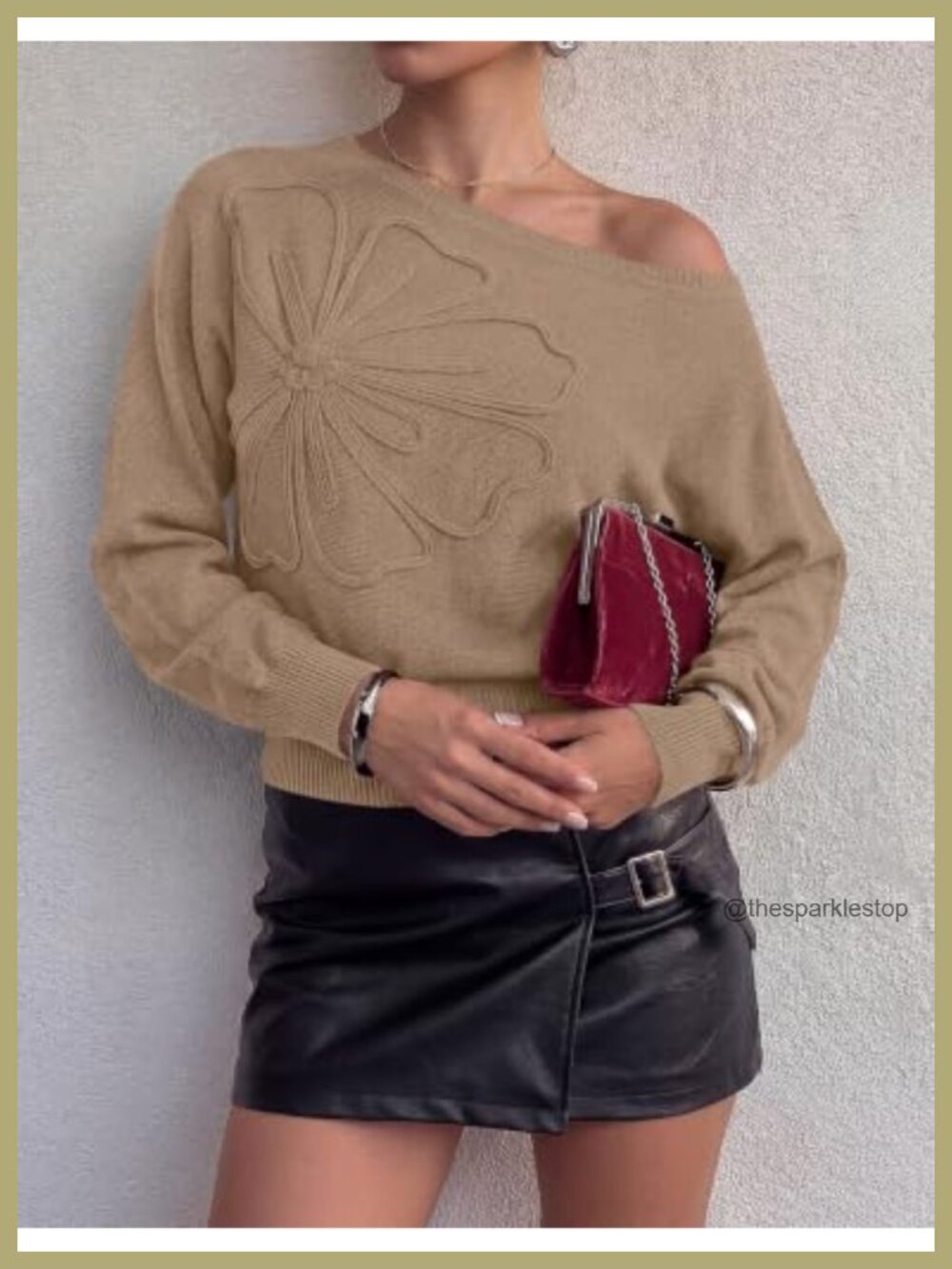 Off Shoulder Sweater Boat Neck 3D Flower Long Sleeve Crop Knit Pullover - Picture 2 of 6